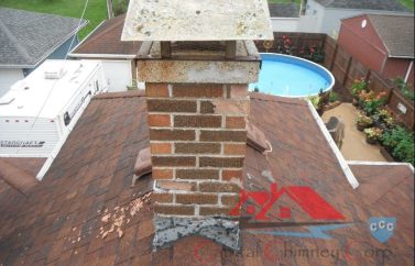 View from above of a chimney that needs tuckpointing.