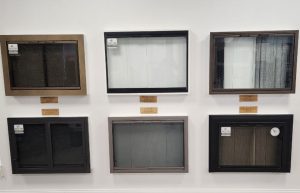 A wall of different fireplace enclosure options from Thermo-Rite.